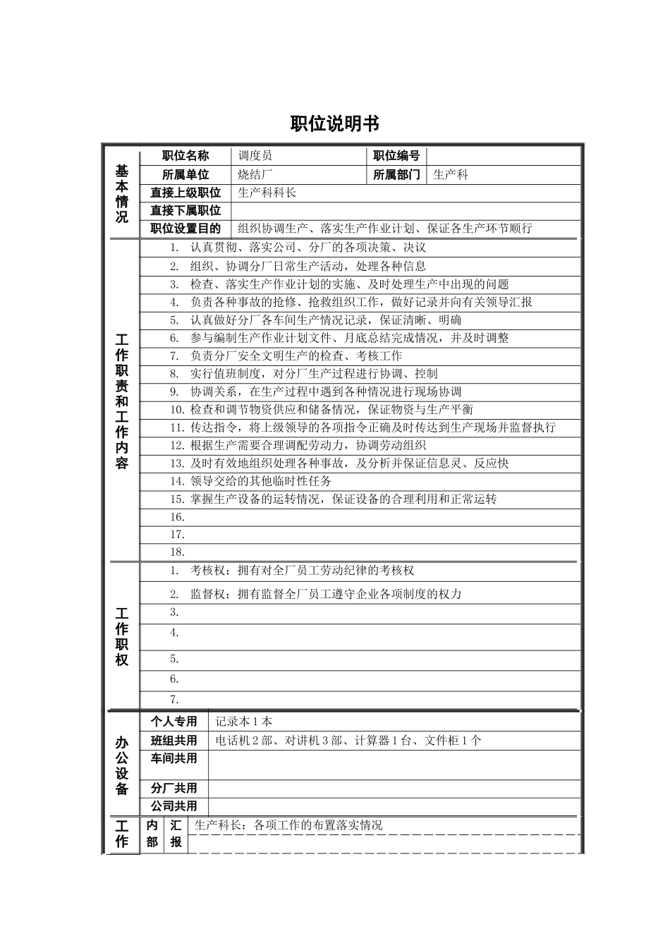 烧结厂调度员岗位说明书_第1页