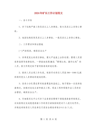 2024年矿长工作计划范文
