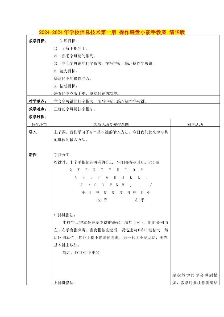 2024-2024年小学信息技术第一册-操作键盘小能手教案-清华版_第1页