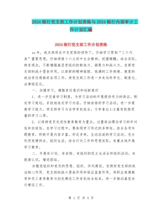 2024银行党支部工作计划表格与2024银行内部审计工作计划汇编