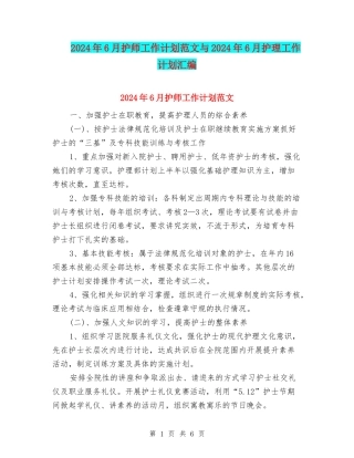 2024年6月护师工作计划范文与2024年6月护理工作计划汇编