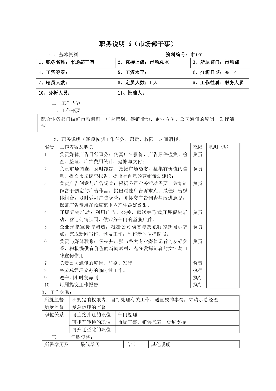 职务说明书（市场部干事）_第1页