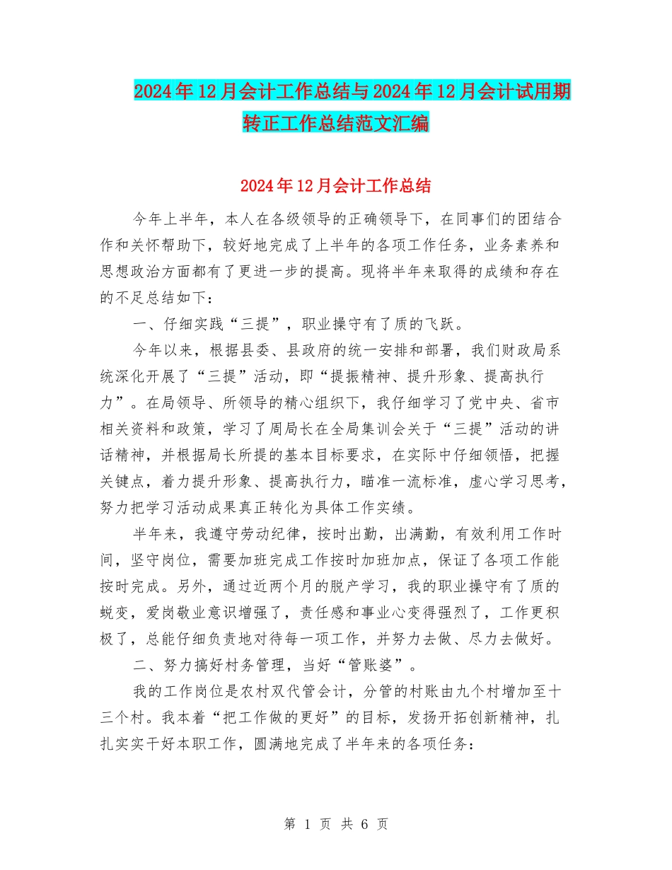 2024年12月会计工作总结与2024年12月会计试用期转正工作总结范文汇编_第1页