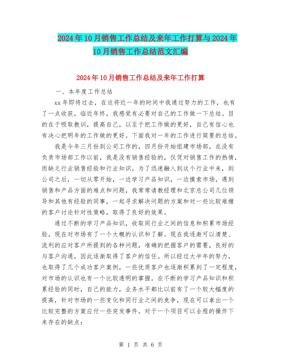 2024年10月销售工作总结及来年工作打算与2024年10月销售工作总结范文汇编_第1页