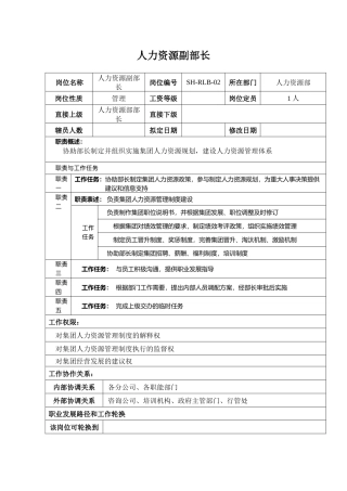 某汽车集团人力资源部副部长岗位说明书