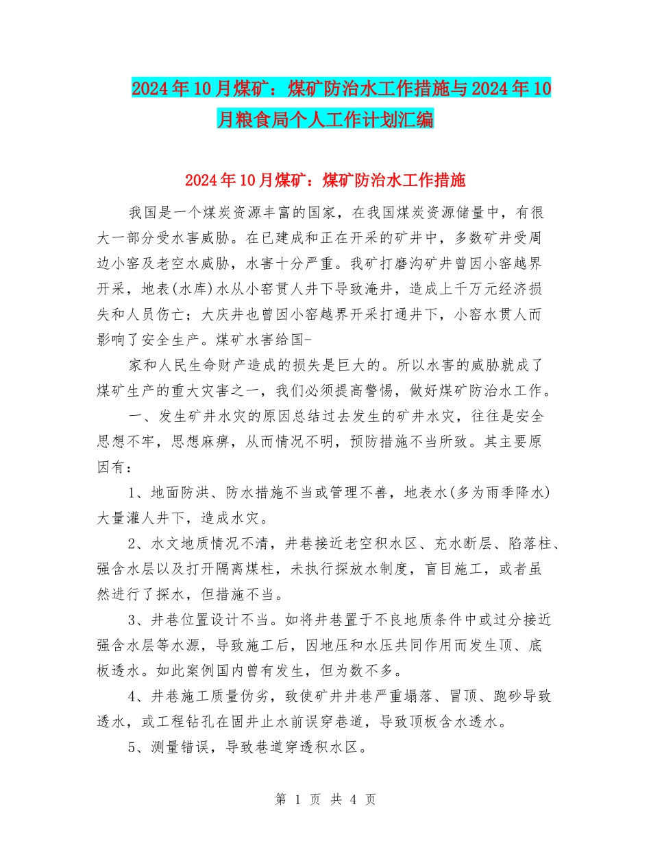 2024年10月煤矿：煤矿防治水工作措施与2024年10月粮食局个人工作计划汇编_第1页