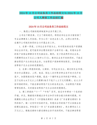 2024年10月公司业务员工作总结范文与2024年10月公司人事部工作总结汇编