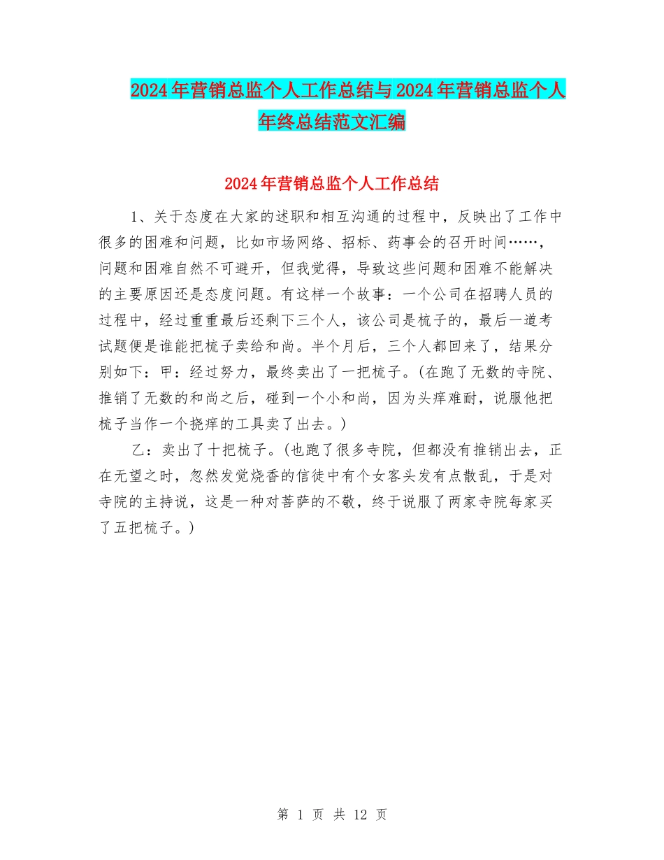 2024年营销总监个人工作总结与2024年营销总监个人年终总结范文汇编_第1页