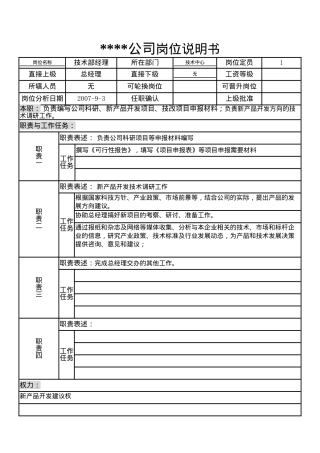 某制造企业技术部经理岗位说明书