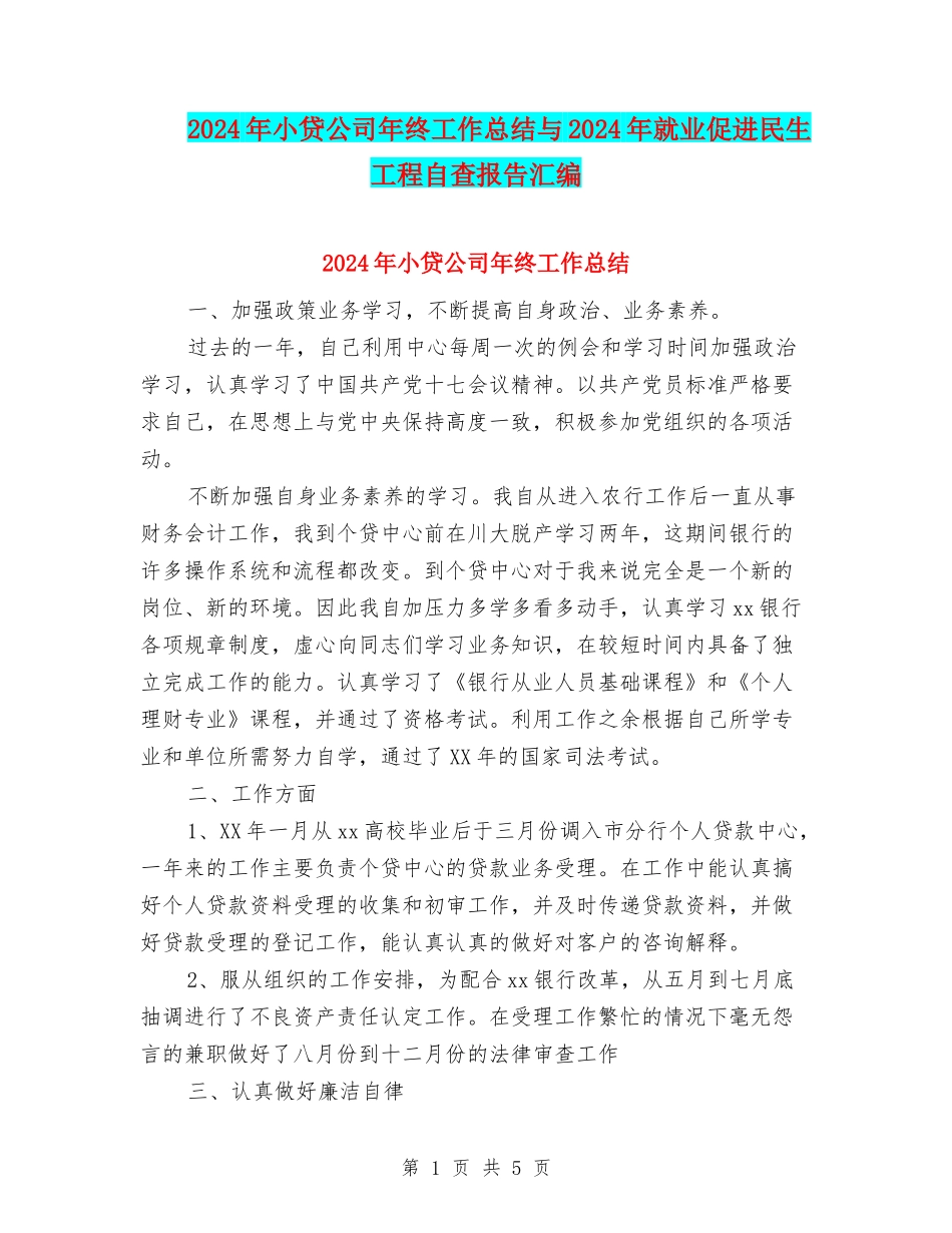 2024年小贷公司年终工作总结与2024年就业促进民生工程自查报告汇编_第1页