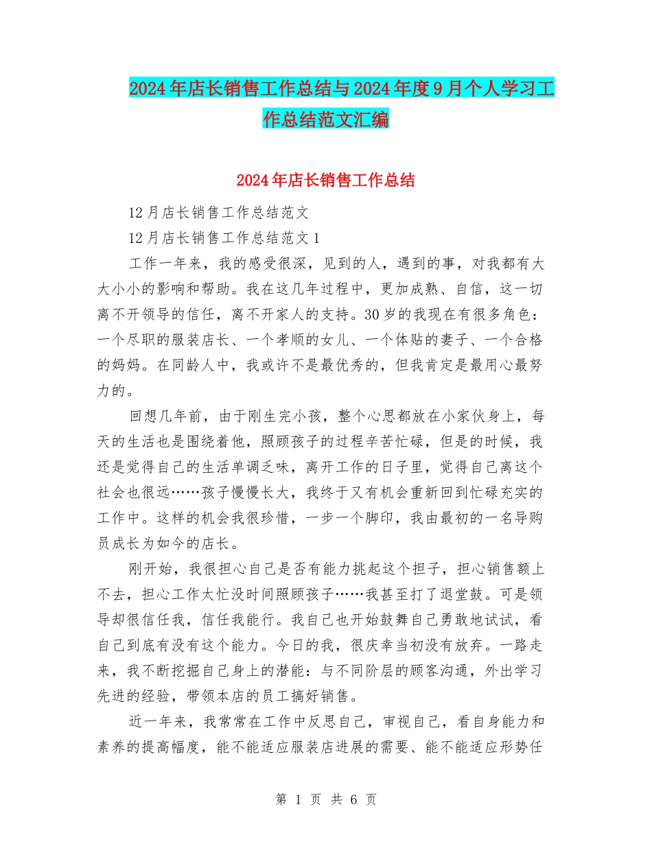 2024年店长销售工作总结与2024年度9月个人学习工作总结范文汇编_第1页