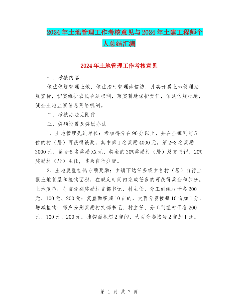 2024年土地管理工作考核意见与2024年土建工程师个人总结汇编_第1页