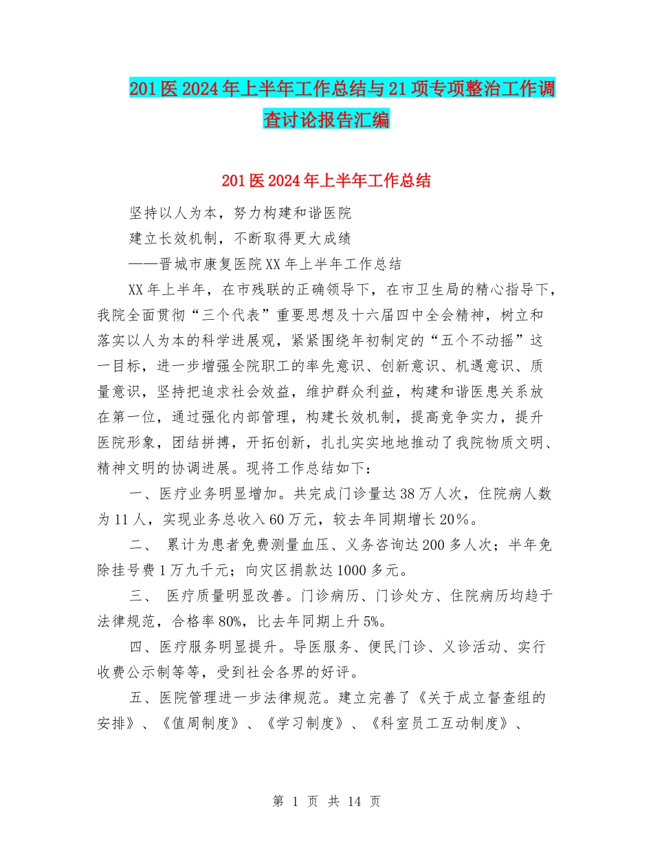 201医2024年上半年工作总结与21项专项整治工作调查研究报告汇编_第1页