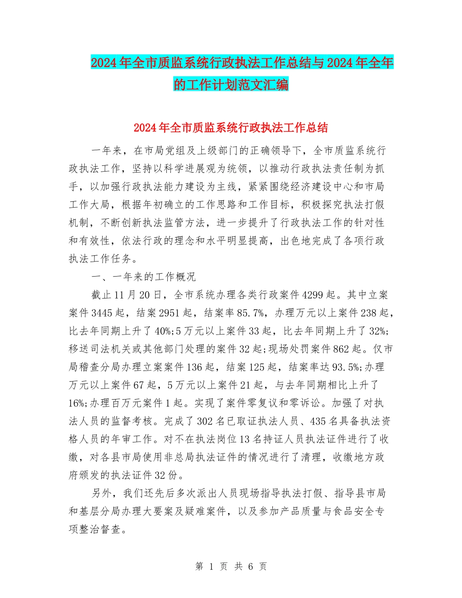 2024年全市质监系统行政执法工作总结与2024年全年的工作计划范文汇编_第1页
