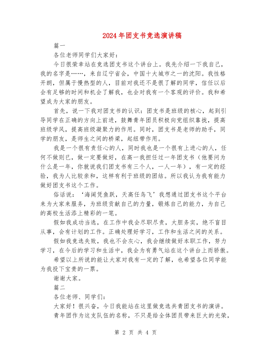 2024年团支书竞选演讲稿_第2页