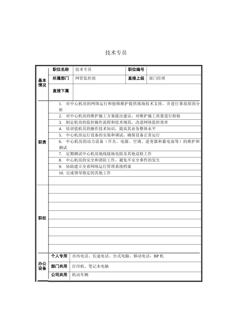 网管监控部技术专员岗位说明书_第1页