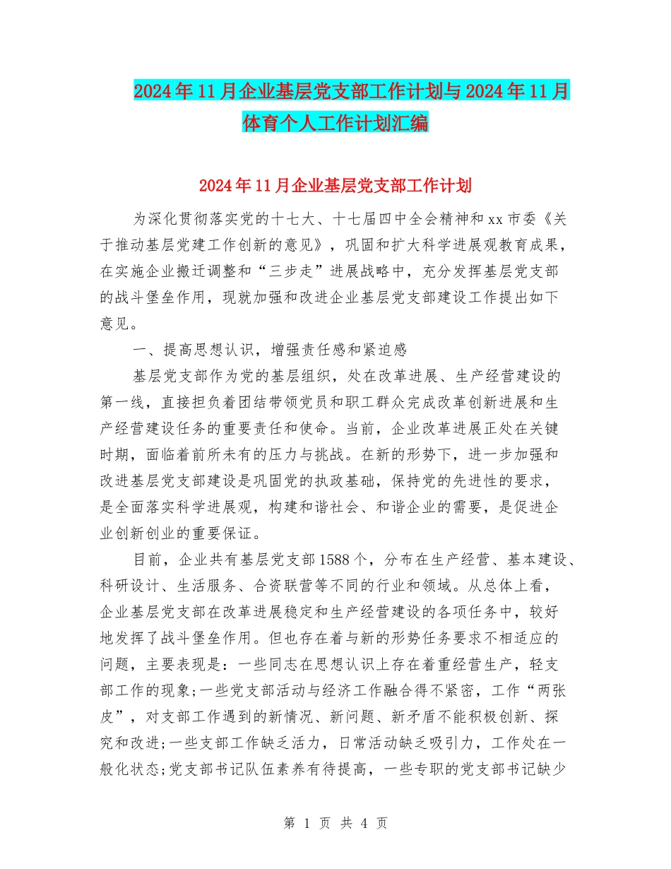 2024年11月企业基层党支部工作计划与2024年11月体育个人工作计划汇编_第1页