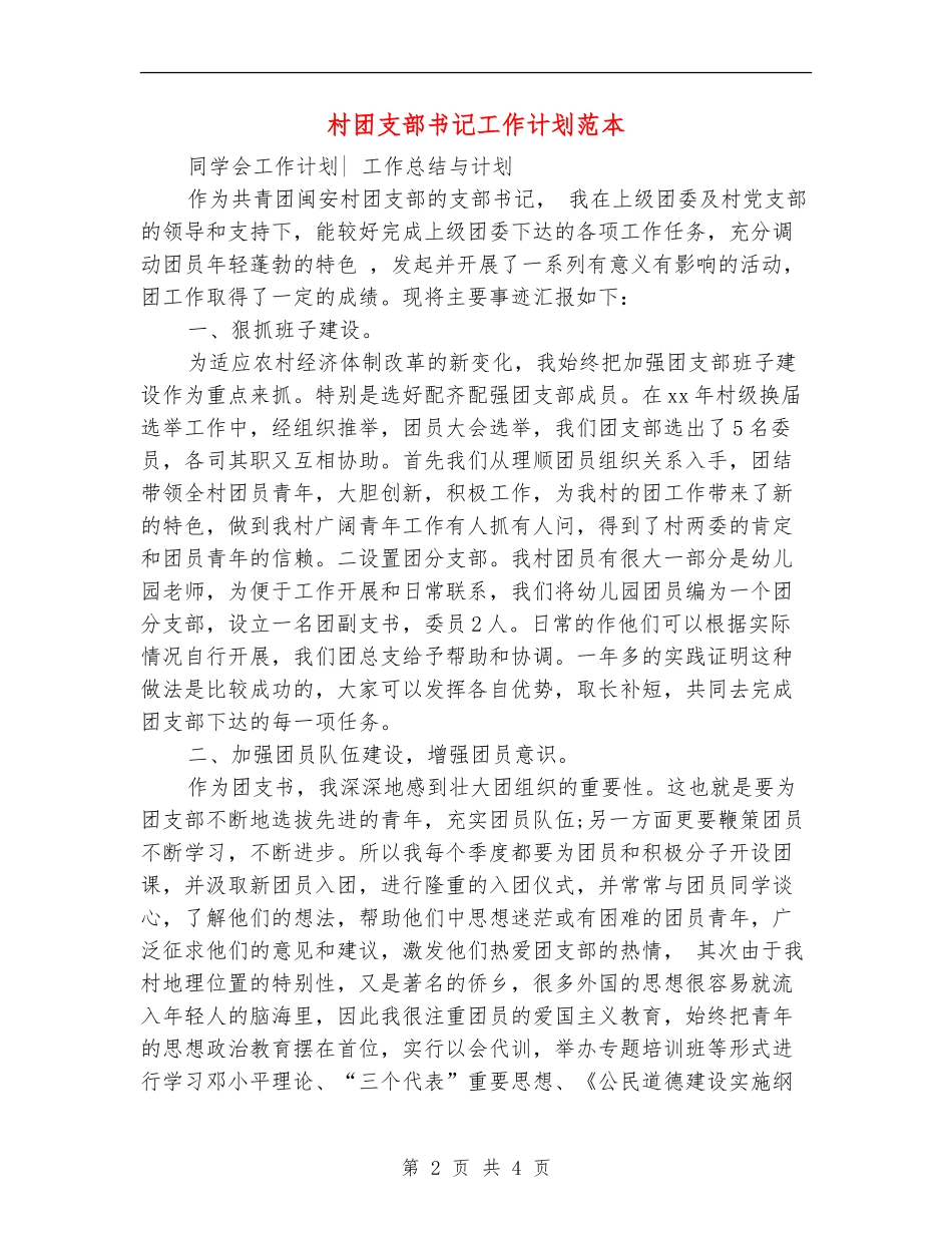 村团支部书记工作计划范本_第2页
