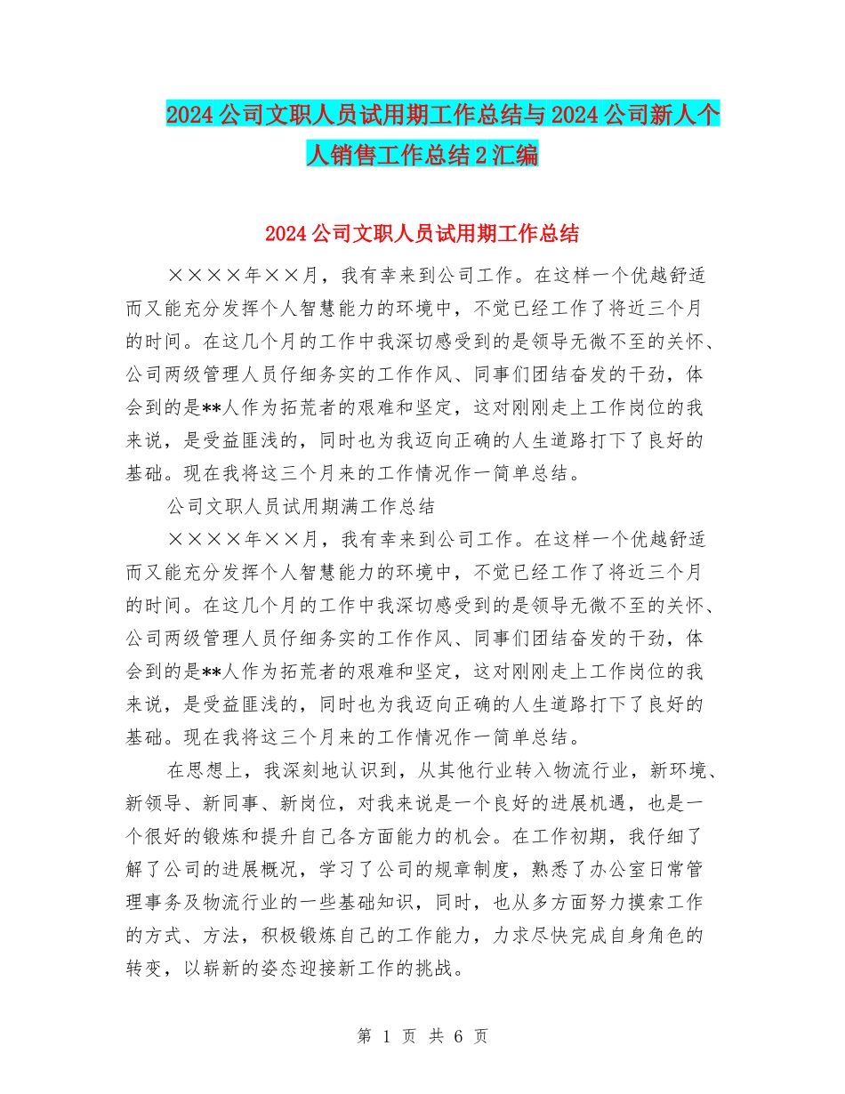 2024公司文职人员试用期工作总结与2024公司新人个人销售工作总结2汇编_第1页