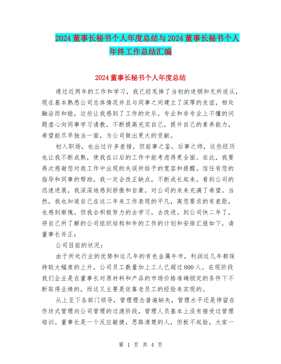 2024董事长秘书个人年度总结与2024董事长秘书个人年终工作总结汇编_第1页
