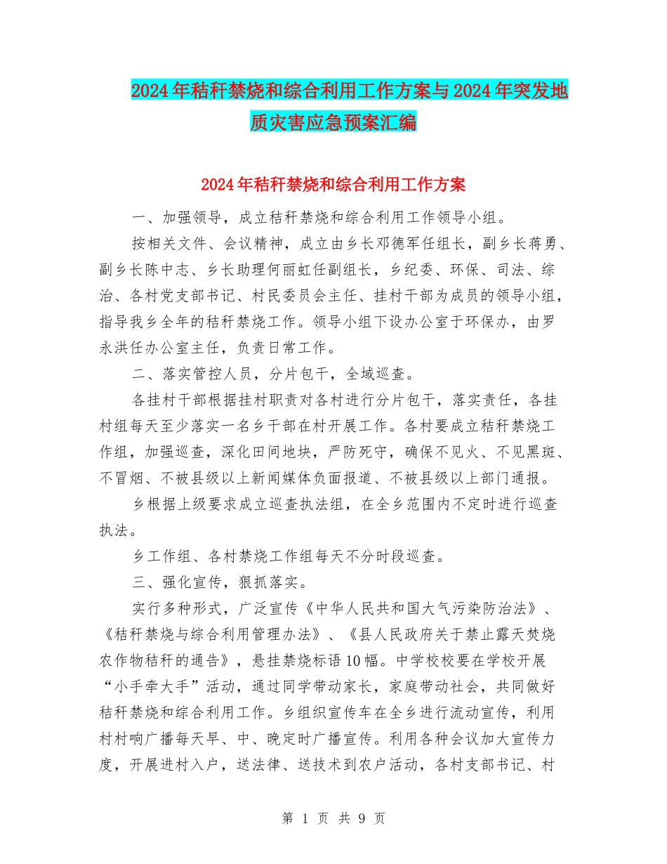 2024年秸秆禁烧和综合利用工作方案与2024年突发地质灾害应急预案汇编_第1页