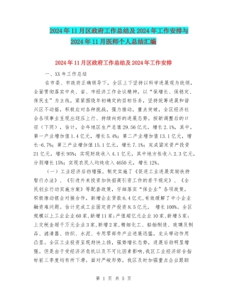 2024年11月区政府工作总结及2024年工作安排与2024年11月医师个人总结汇编
