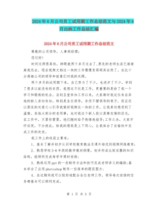 2024年6月公司员工试用期工作总结范文与2024年6月出纳工作总结汇编