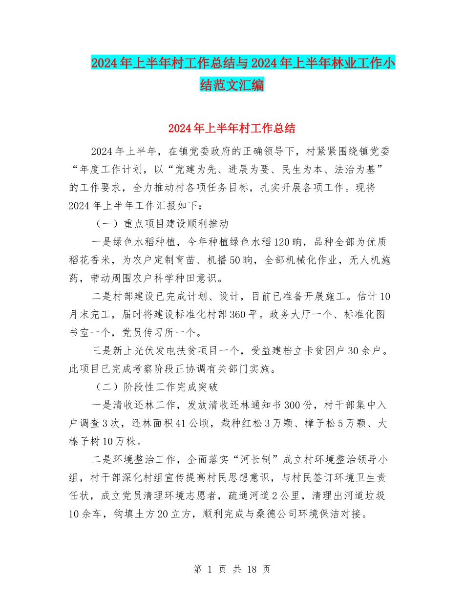 2024年上半年村工作总结与2024年上半年林业工作小结范文汇编_第1页