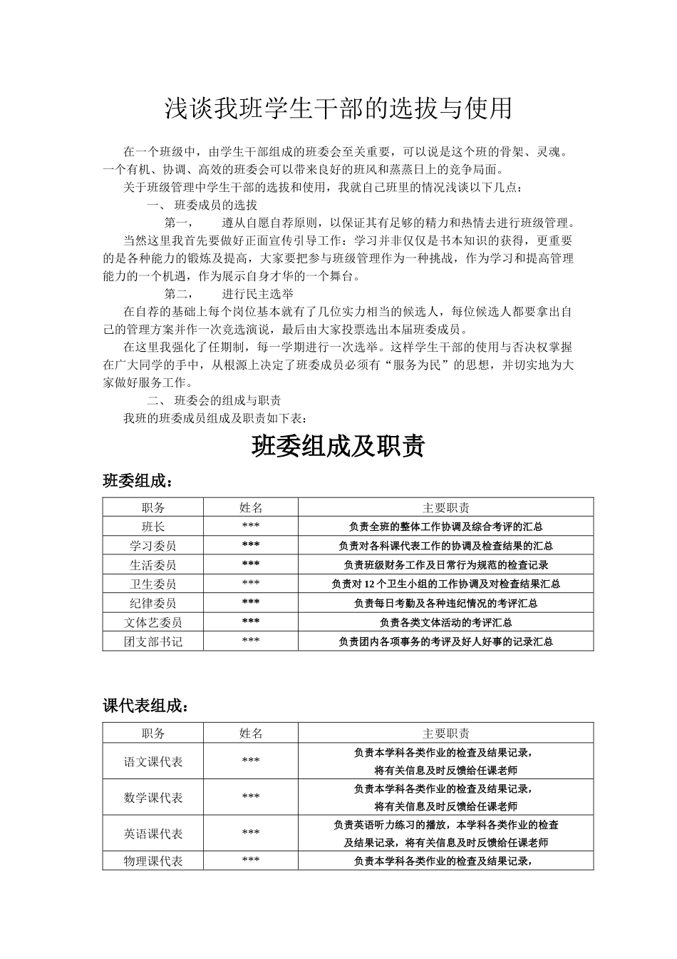 浅谈我班学生干部的选拔与使用_第1页