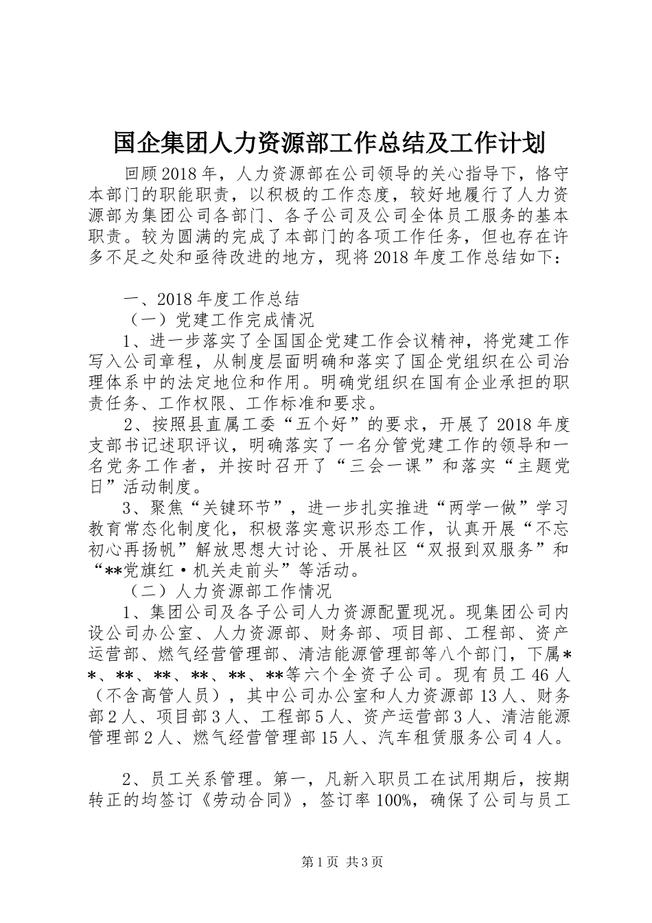 国企集团人力资源部工作总结及工作计划_第1页