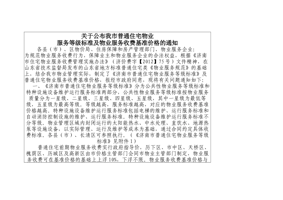 关于公布我济南市普通住宅物业服务等级标准及物业服务_第1页