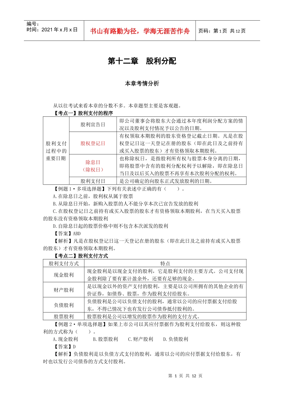 财务成本管理·闫华红习题班·第十二章_第1页