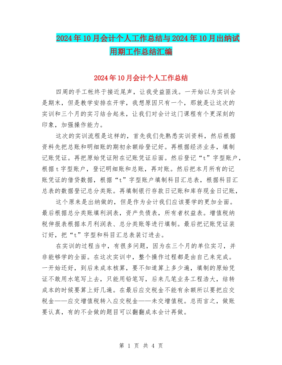 2024年10月会计个人工作总结与2024年10月出纳试用期工作总结汇编_第1页