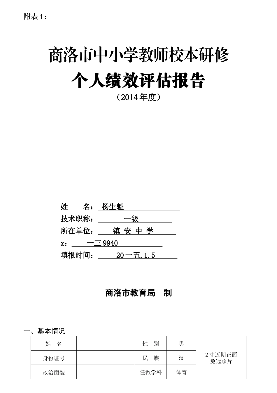 某市中小学教师校本研修个人绩效评估报告_第1页