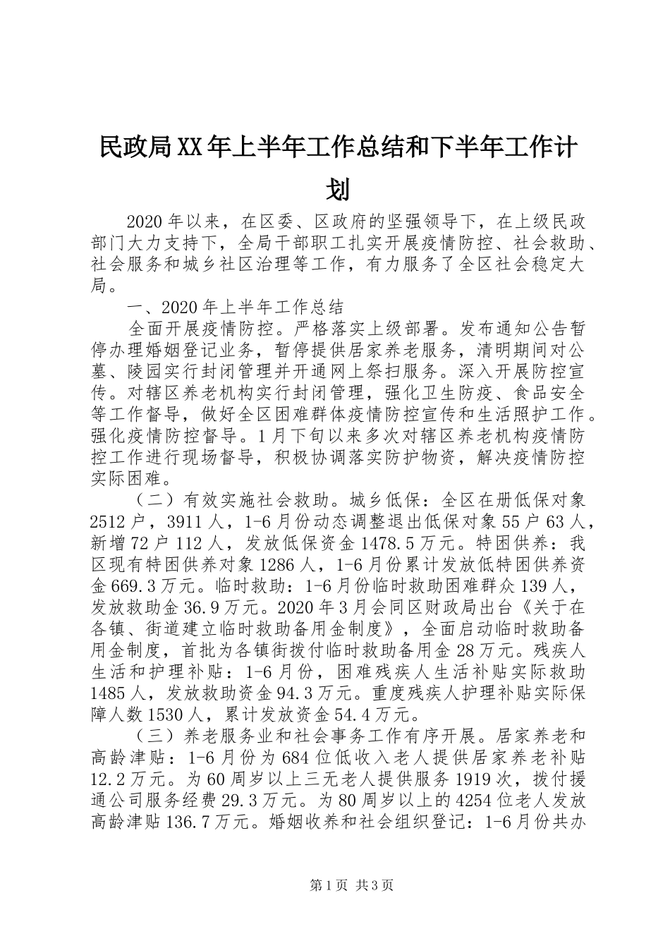 民政局XX年上半年工作总结和下半年工作计划_第1页