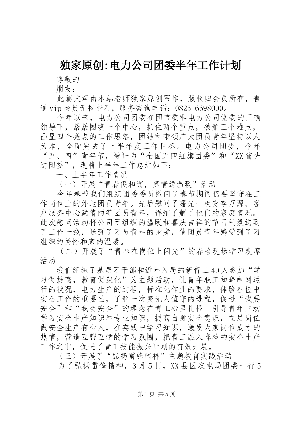 独家原创-电力公司团委半年工作计划_第1页