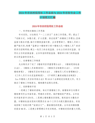 2024年市农村信用社工作总结与2024年市初专会工作计划范文汇编
