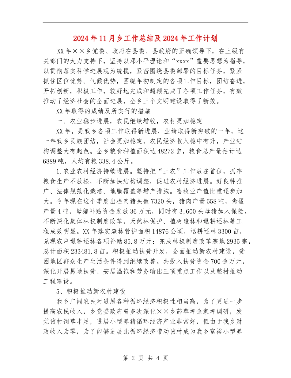 2024年11月乡工作总结及2024年工作计划【新版】_第2页