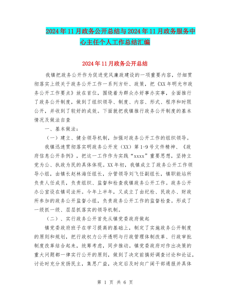 2024年11月政务公开总结与2024年11月政务服务中心主任个人工作总结汇编_第1页