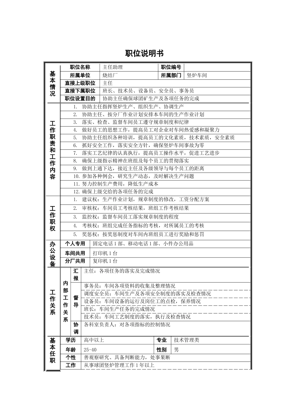 烧结厂主任助理岗位说明书_第1页