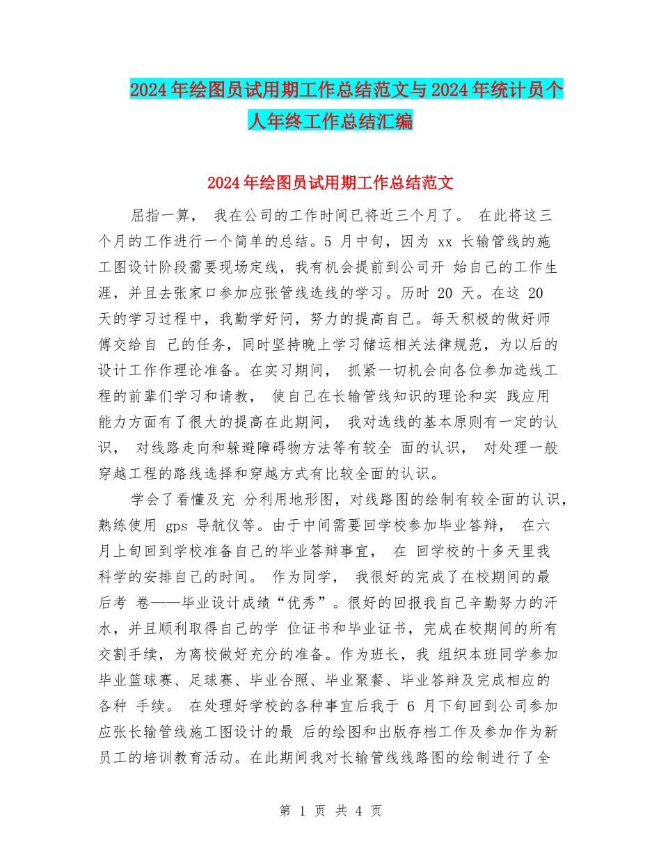 2024年绘图员试用期工作总结范文与2024年统计员个人年终工作总结汇编_第1页
