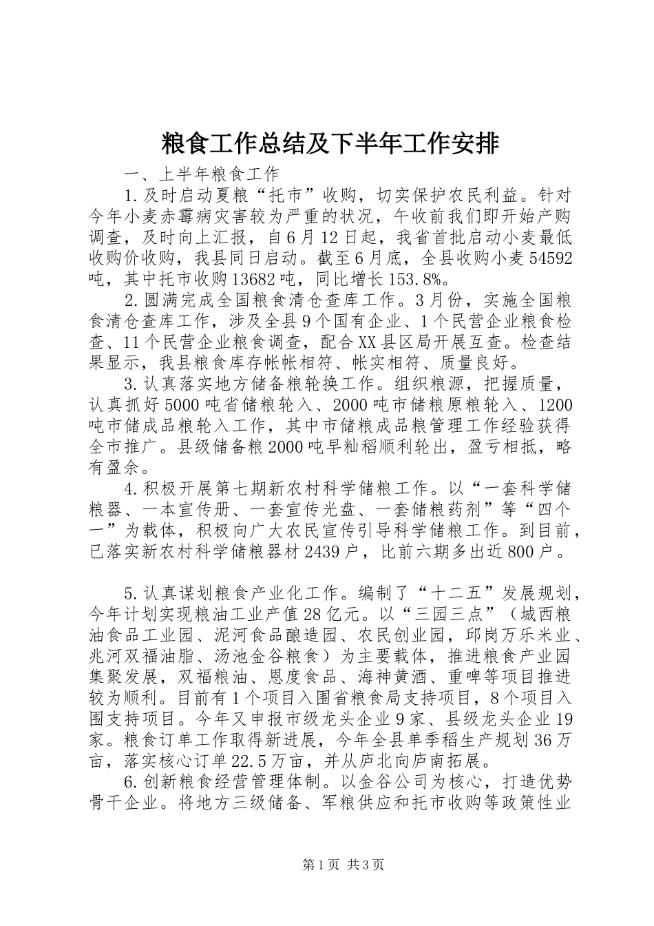粮食工作总结及下半年工作安排_第1页