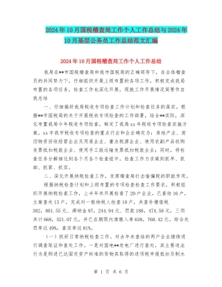 2024年10月国税稽查局工作个人工作总结与2024年10月基层公务员工作总结范文汇编