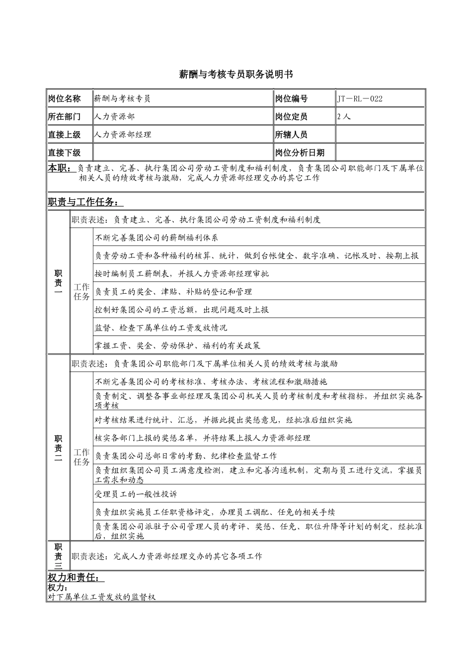 薪酬与考核专员岗位说明书_第1页