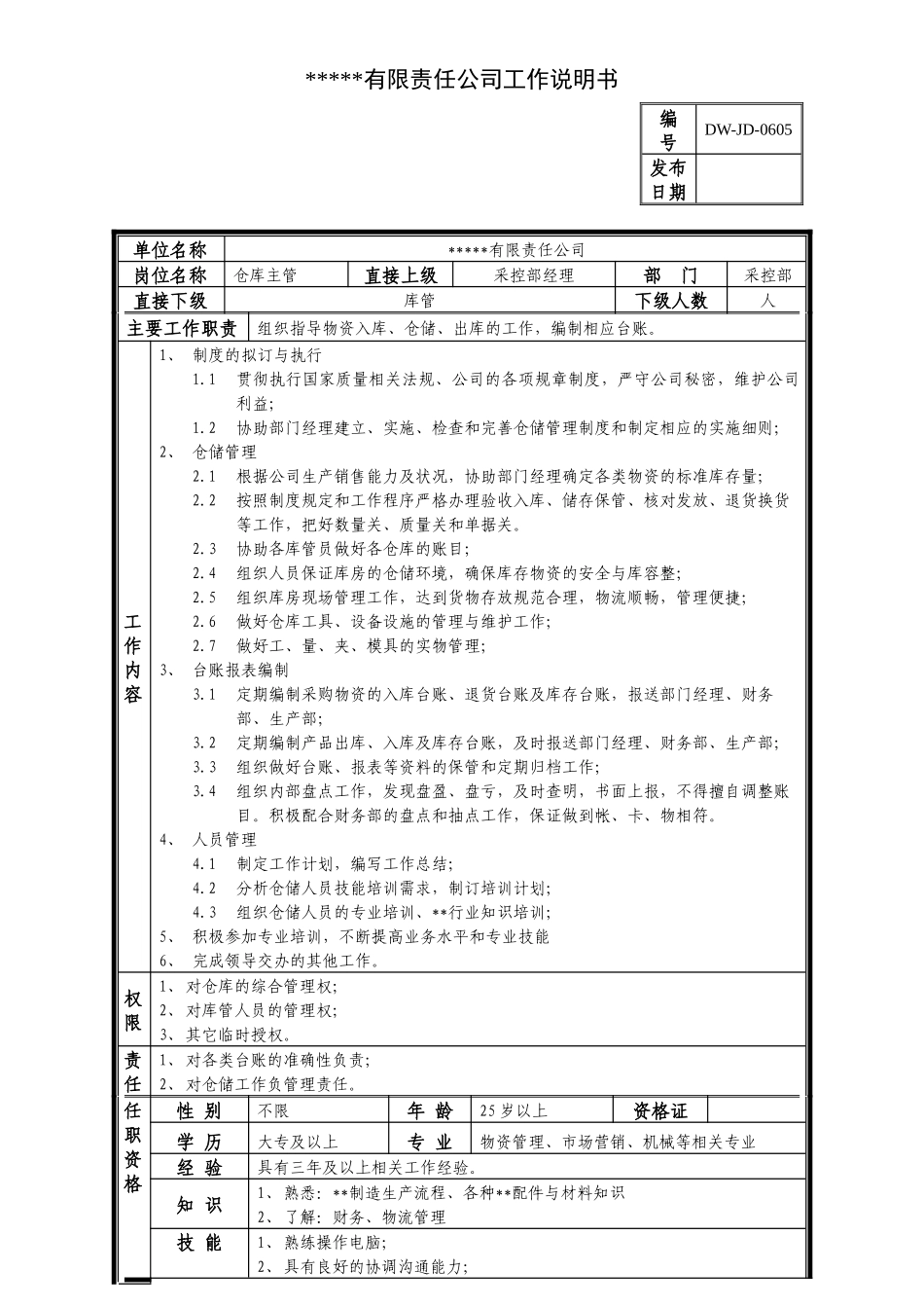 某中型制造业仓库主管岗位说明书及KPI指标_第1页