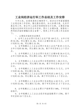 工业局经济运行科工作总结及工作安排