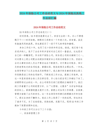 2024年保险公司工作总结范文与2024年保险反洗钱工作总结汇编
