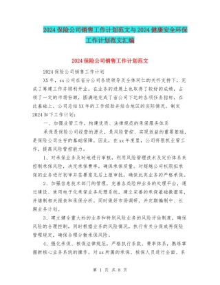 2024保险公司销售工作计划范文与2024健康安全环保工作计划范文汇编