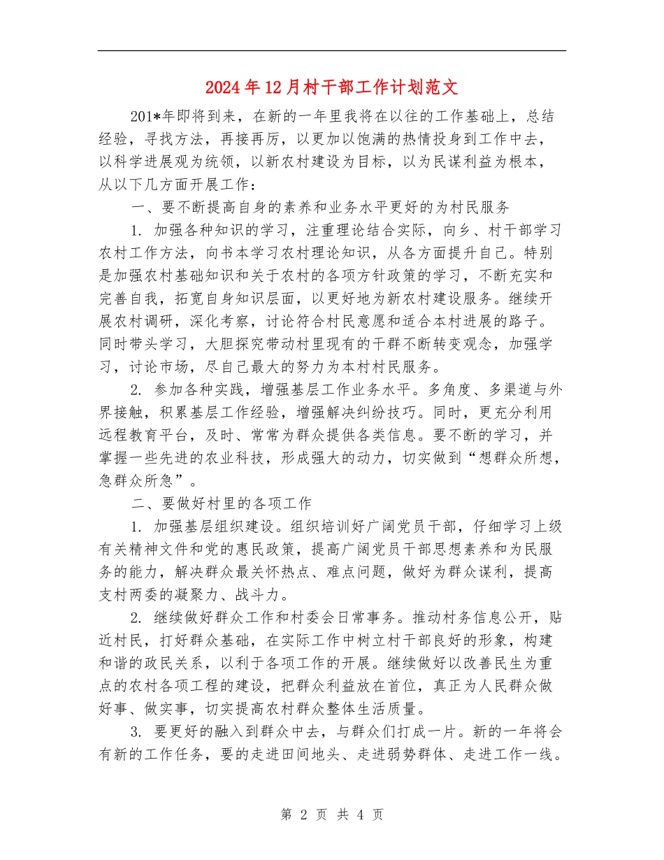 2024年12月村干部工作计划范文_第2页