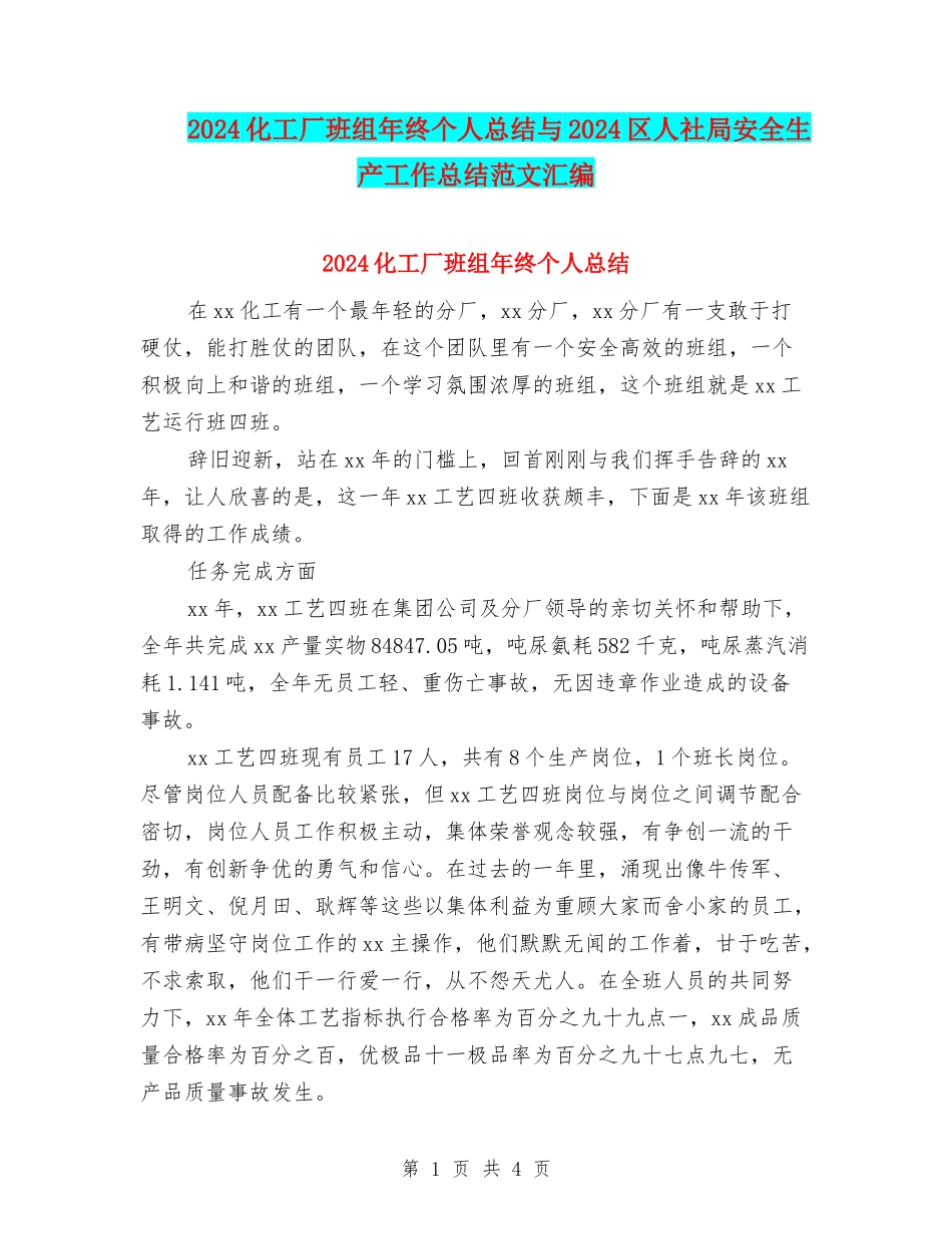 2024化工厂班组年终个人总结与2024区人社局安全生产工作总结范文汇编_第1页